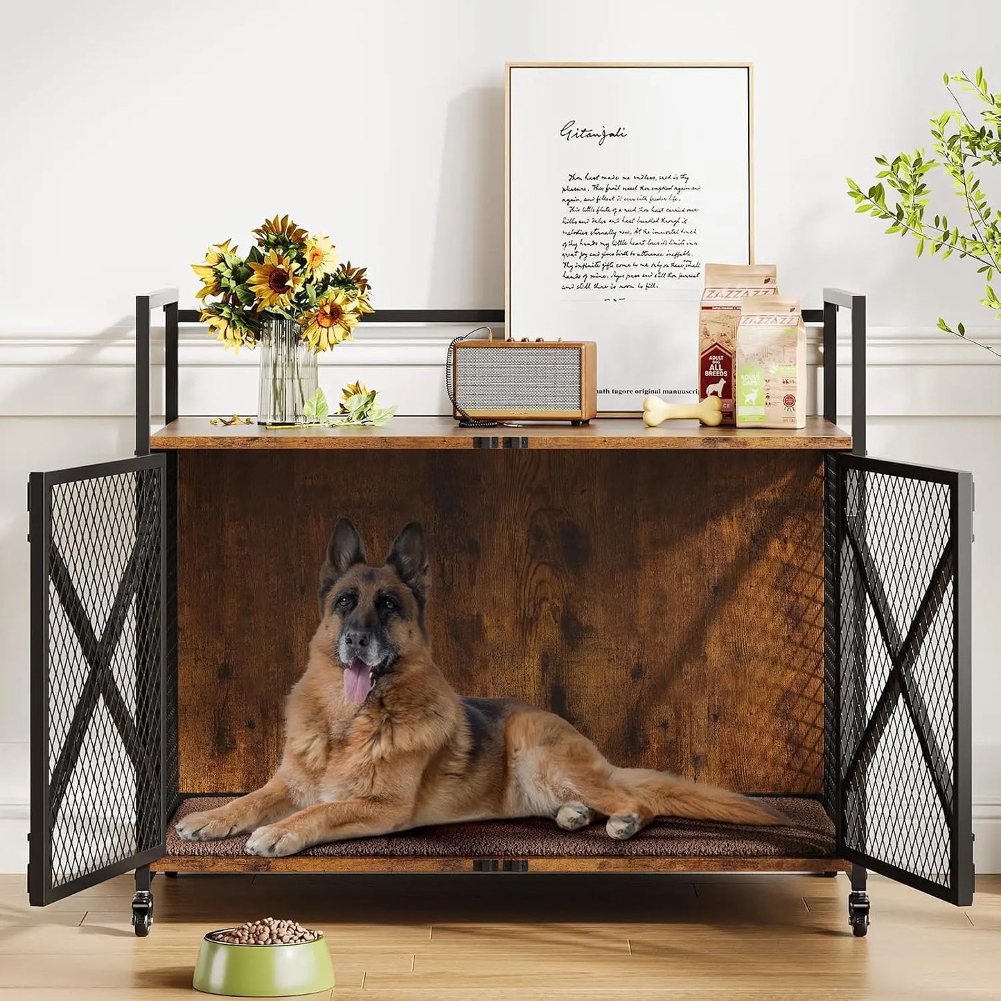 DishyKooker Wooden Dog Crate End Table With Wheels