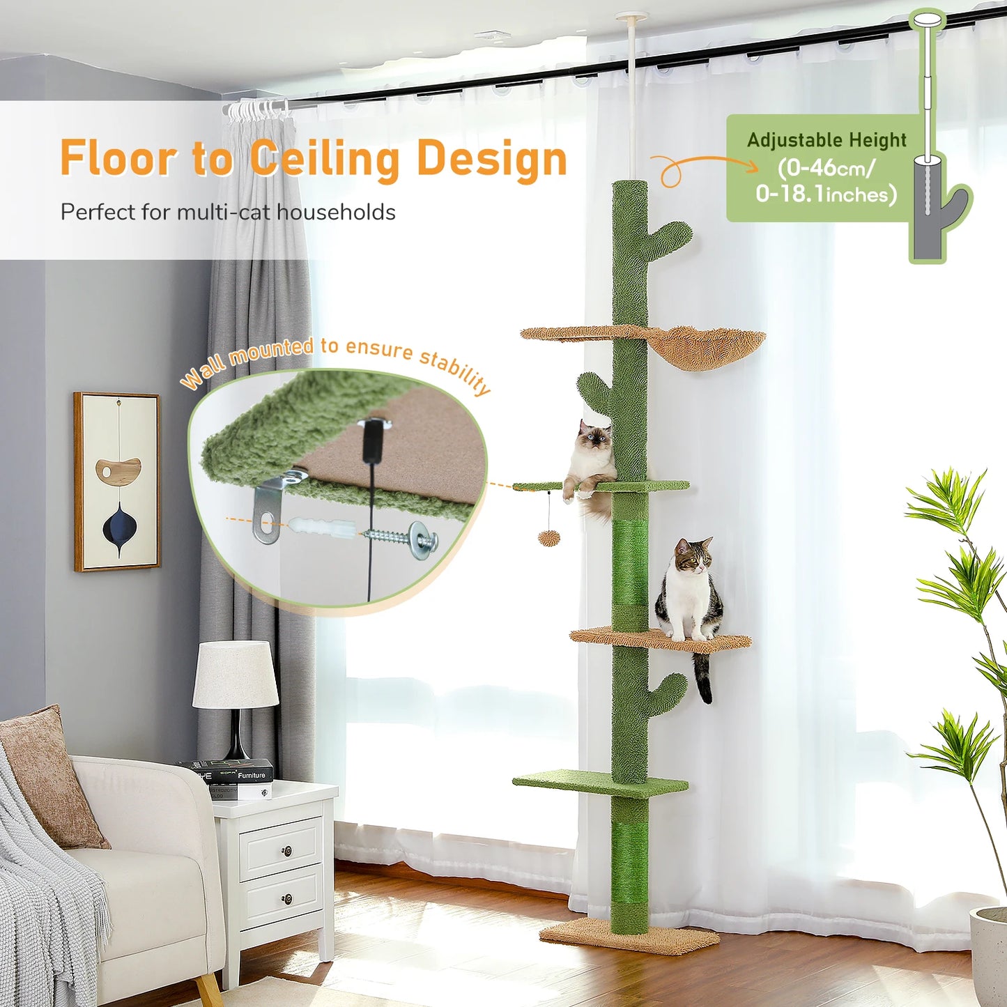 PAWZ Road 5 Tier Cat Tree Floor to Ceiling Tower Cactus