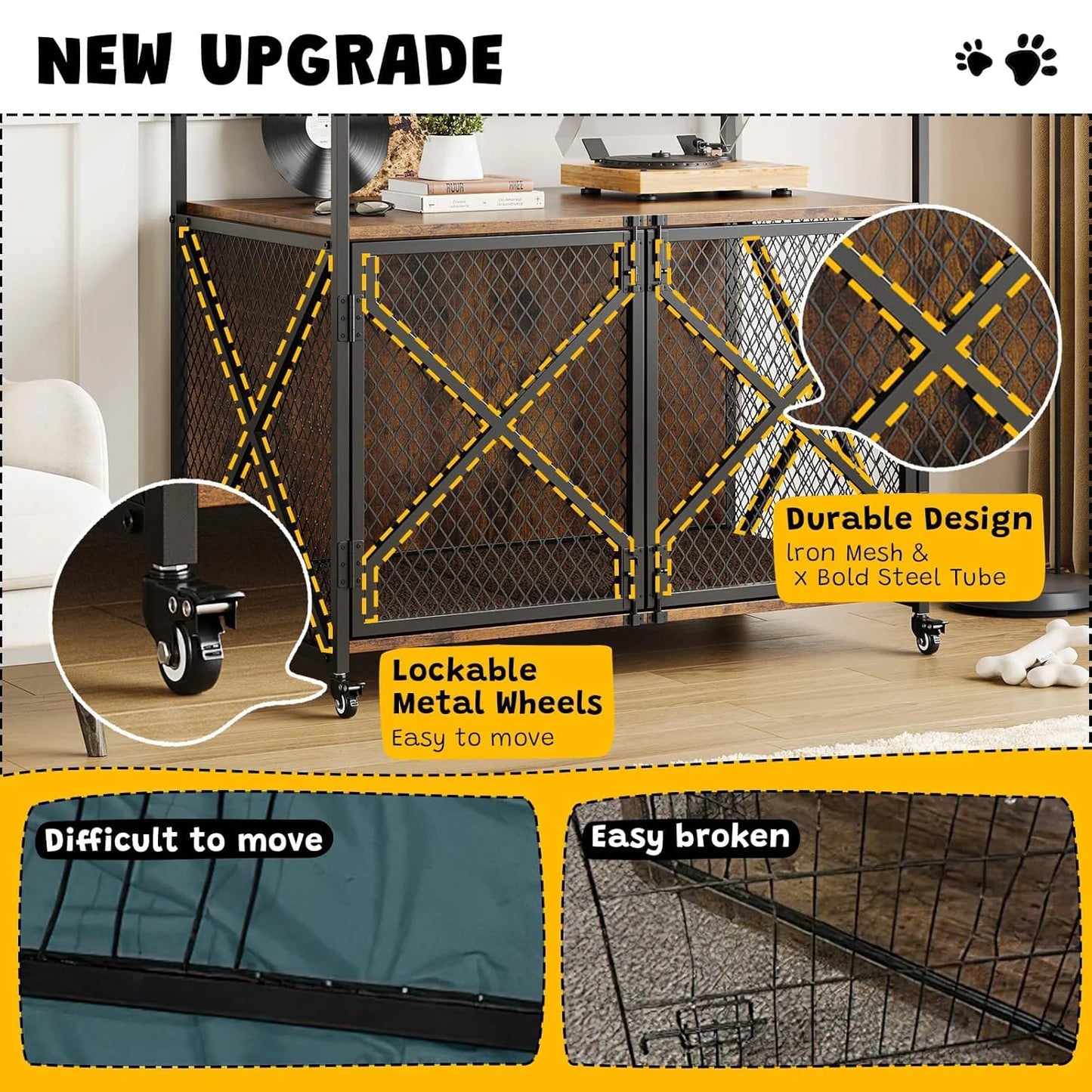 DishyKooker Wooden Dog Crate End Table With Wheels