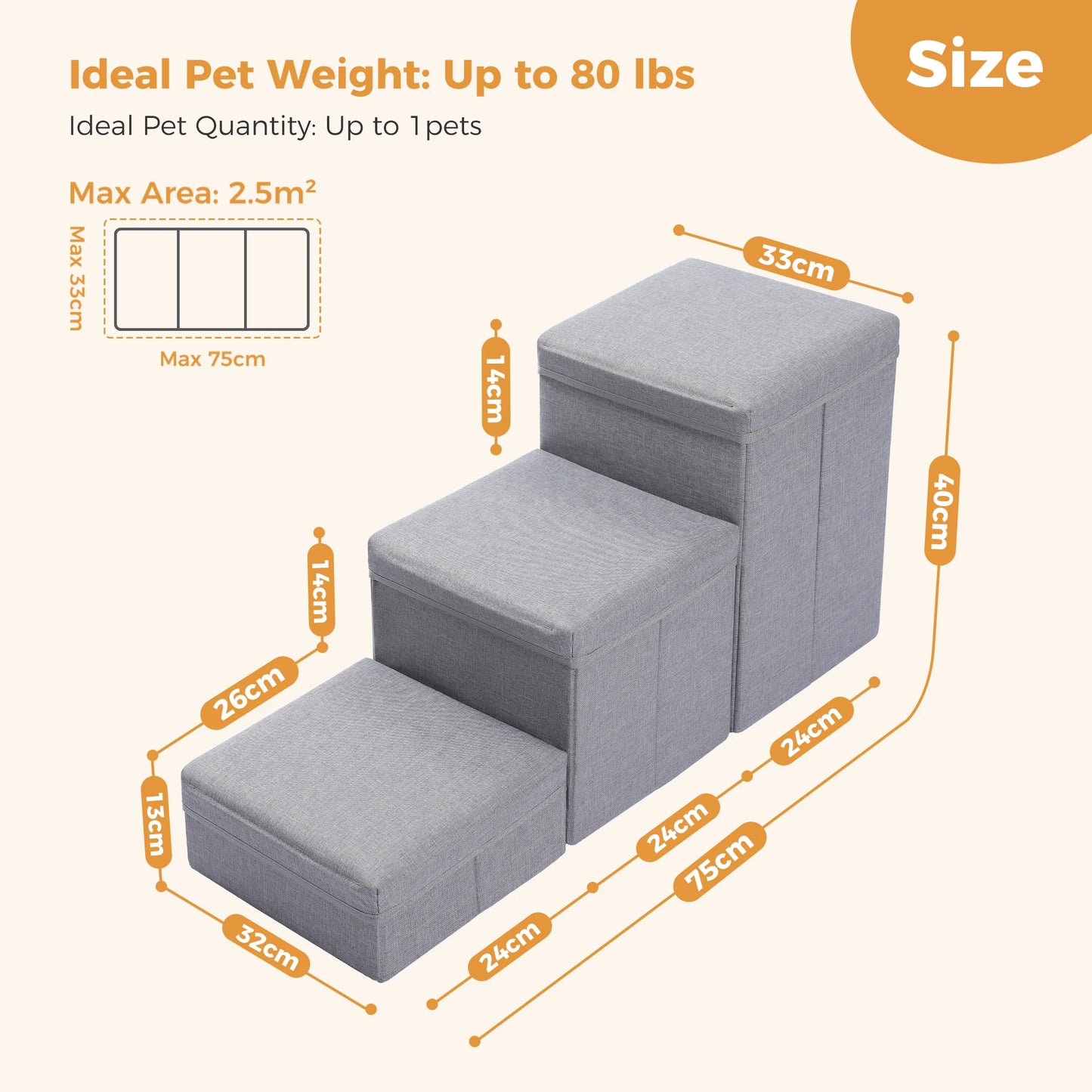 PAWZ Road 3 Tier Foldable Dog Stairs With Storage Box Adjustable Height Non Slip Indoor Pet Ramp