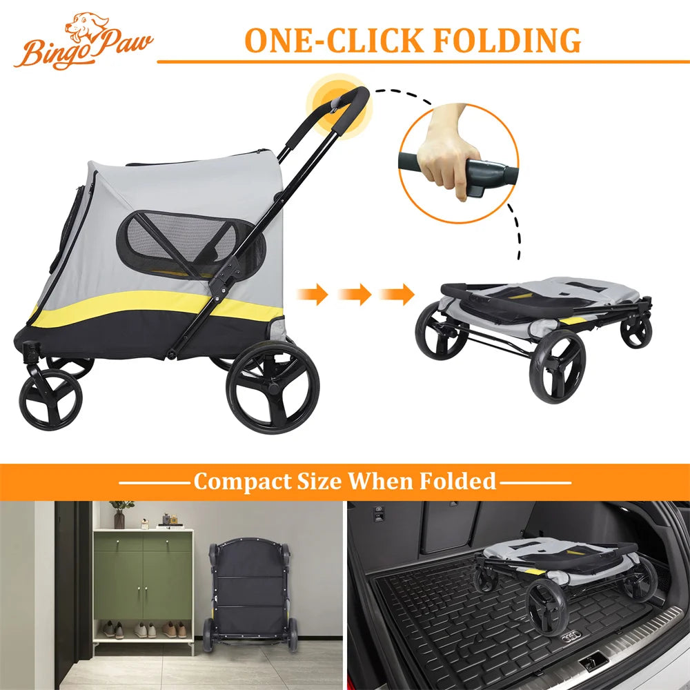 One Click Foldable Dog Stroller Buggy Four Wheel Rain Cover