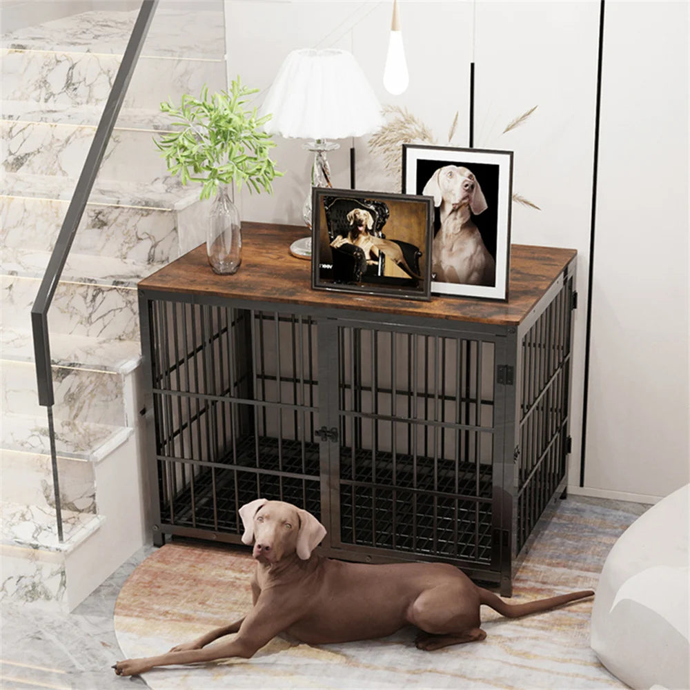 BORWAR Wooden Dog Crate End Table With 3 Doors Tray