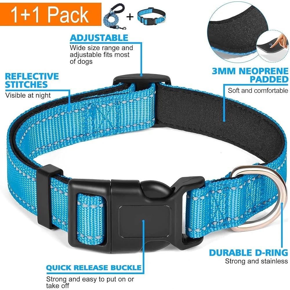 Ladoogo Reflective Padded Adjustable Dog Collar Nylon Leash