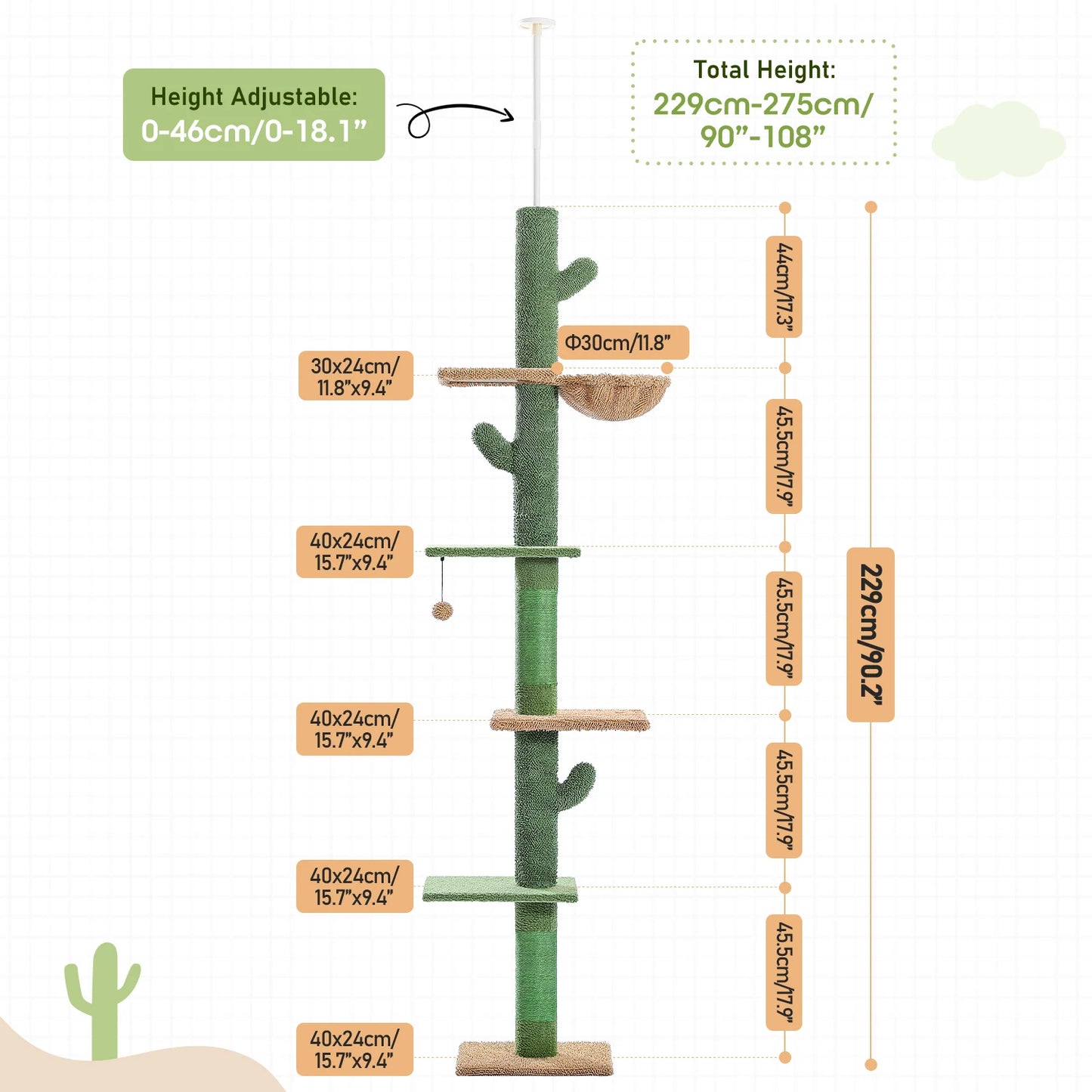 PAWZ Road 5 Tier Cat Tree Floor to Ceiling Tower Cactus