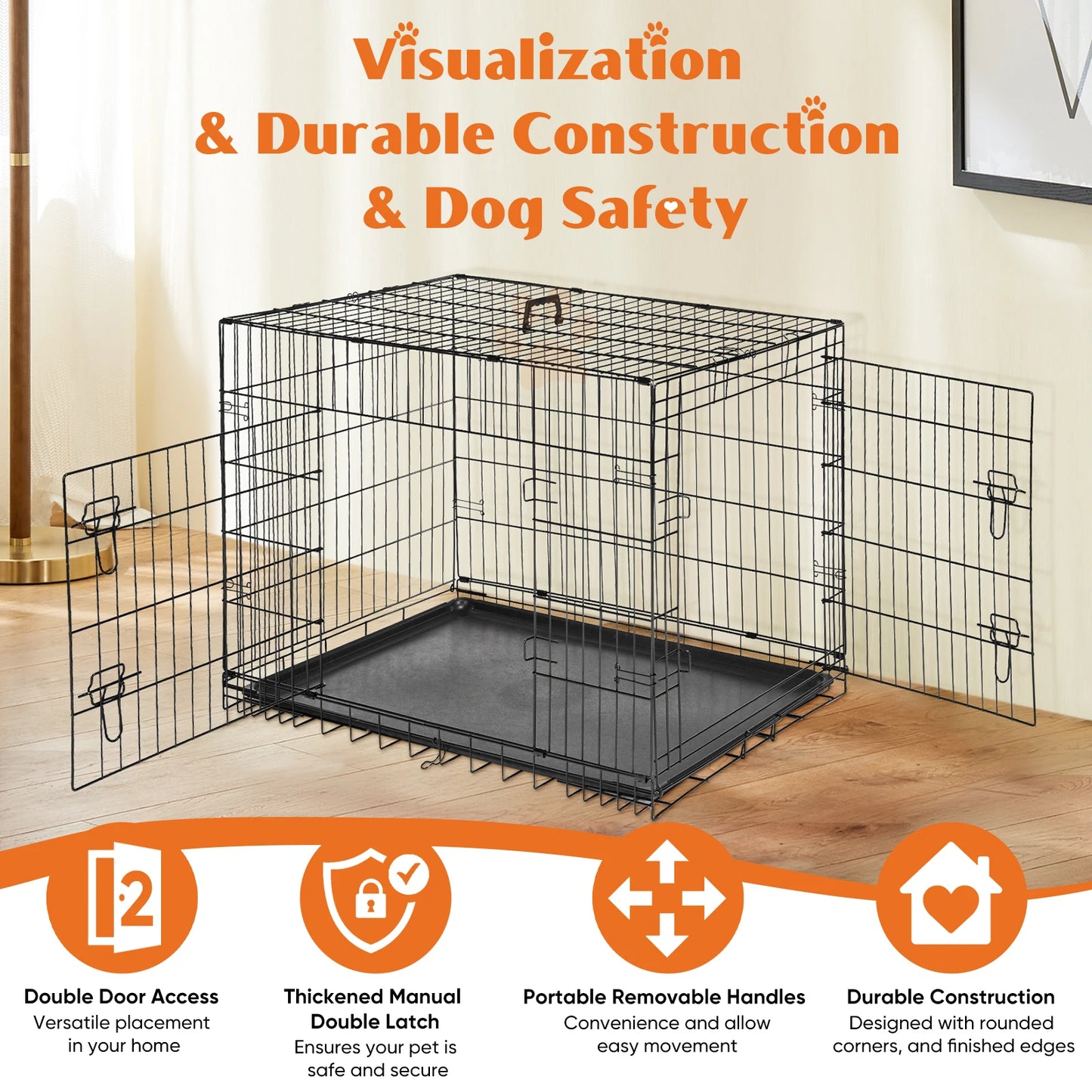 JHK Double Door Folding Metal Dog Crate With Leak Pan