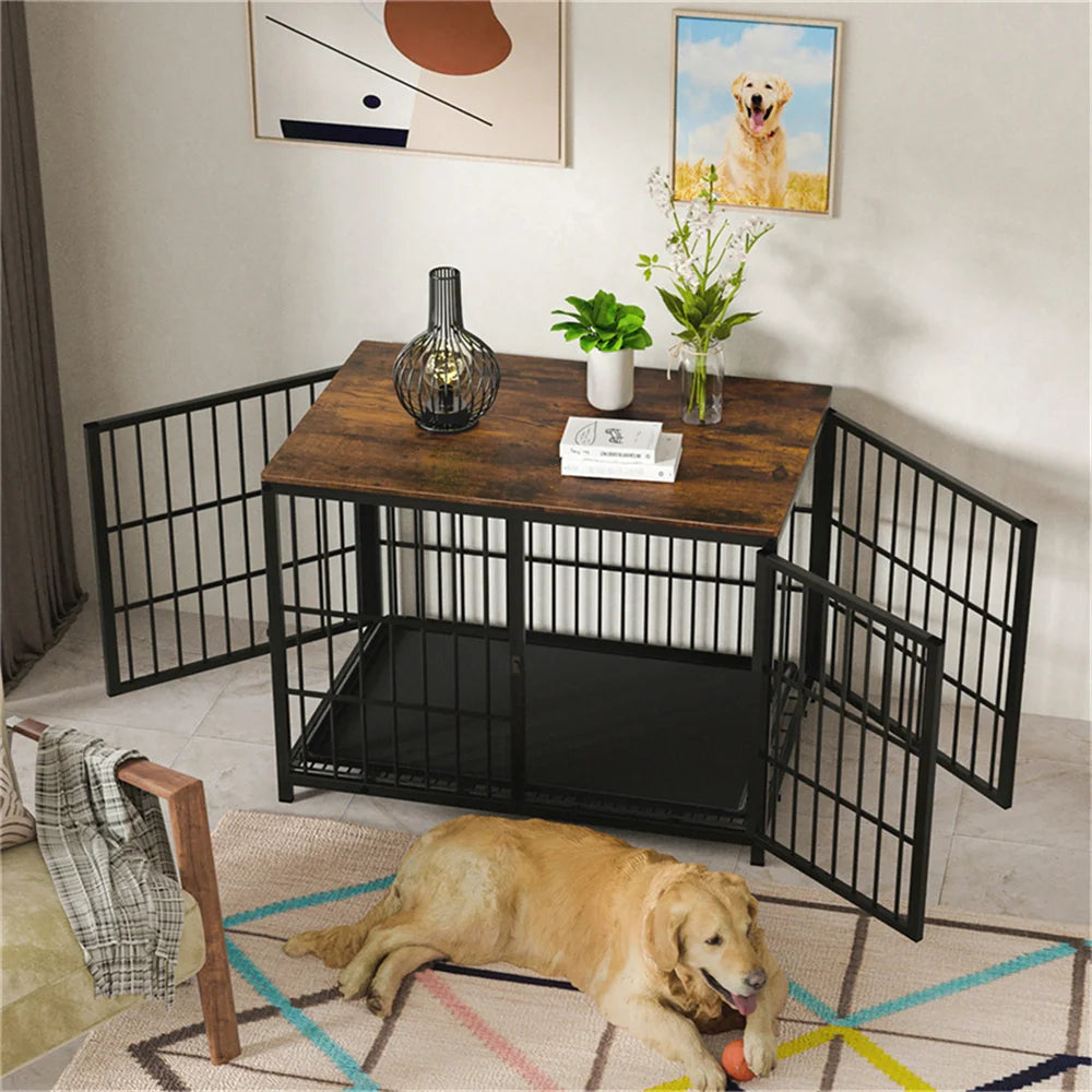 BORWAR Wooden Dog Crate End Table With 3 Doors Tray