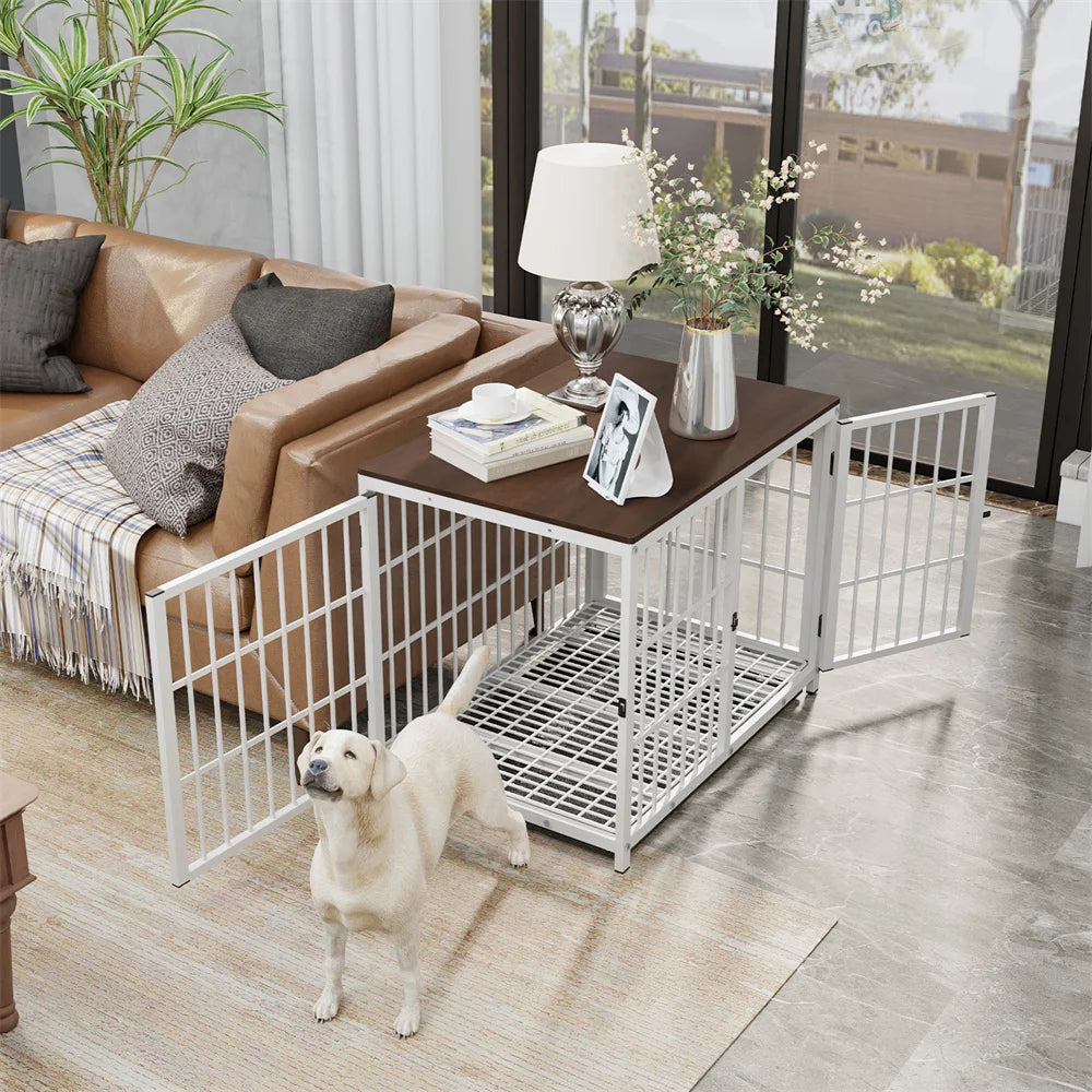 BORWAR Wooden Dog Crate End Table With 3 Doors Tray