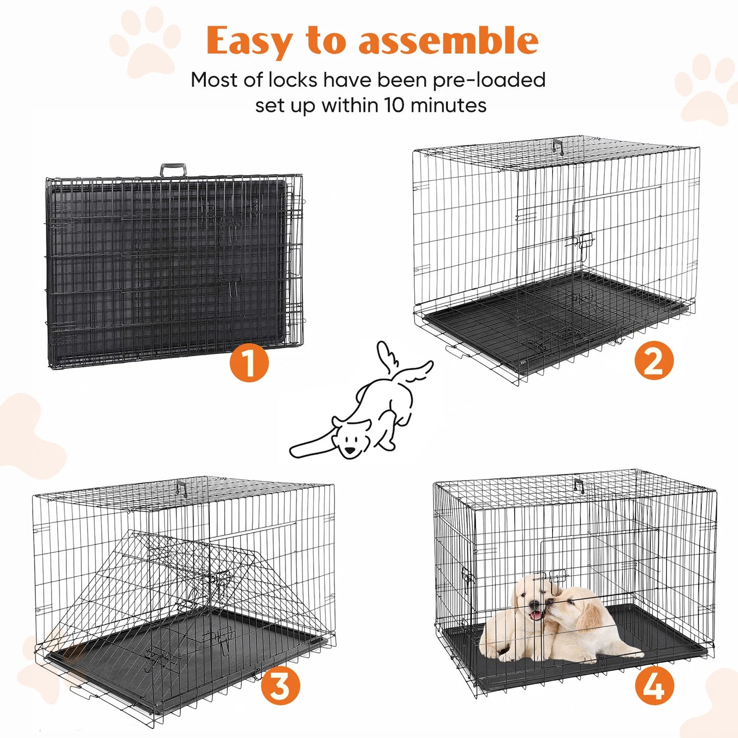 JHK Double Door Folding Metal Dog Crate With Leak Pan