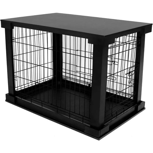 Merry Products 2 Door Decorative Pet Kennel with Wooden Protection Cover, Divider Insert, and Removable Tray End or Side Table,