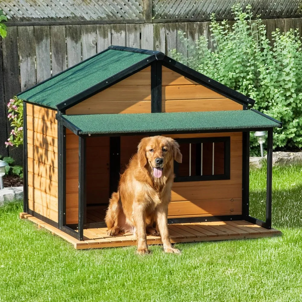 Cabin Style Outdoor Dog House Wooden Kennel With Porch