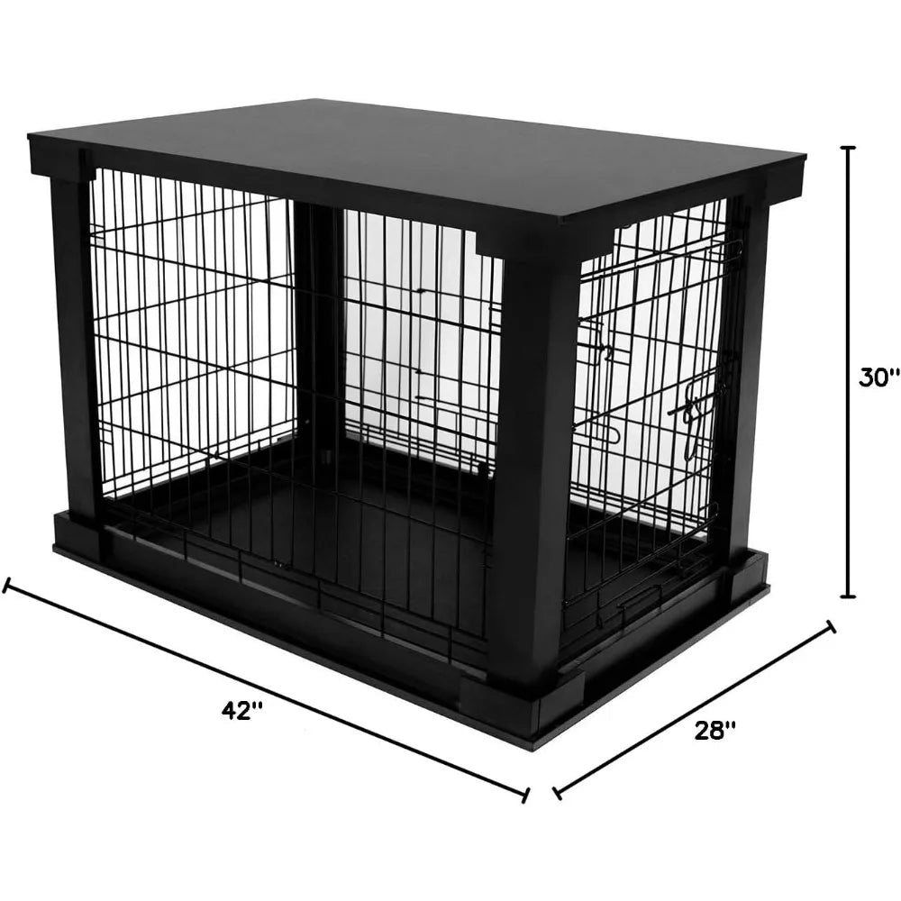 Merry Products 2 Door Decorative Pet Kennel with Wooden Protection Cover, Divider Insert, and Removable Tray End or Side Table,