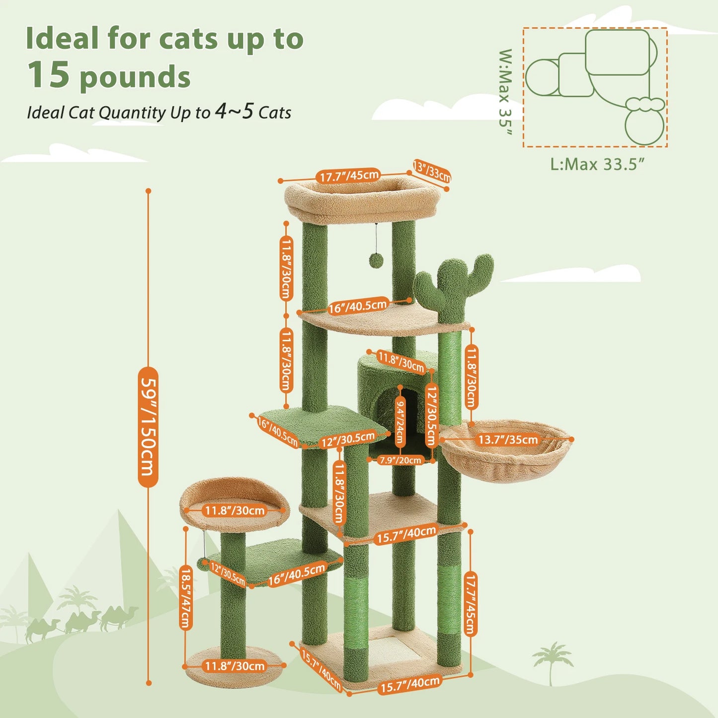 PETEPELACN Cactus Tall Cat Tree Multi Level Cat Tower