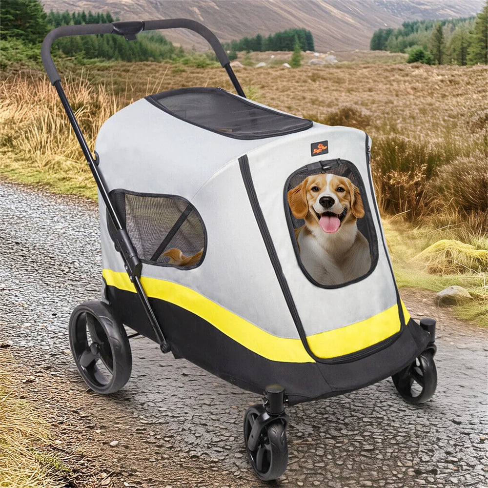 One Click Foldable Dog Stroller Buggy Four Wheel Rain Cover