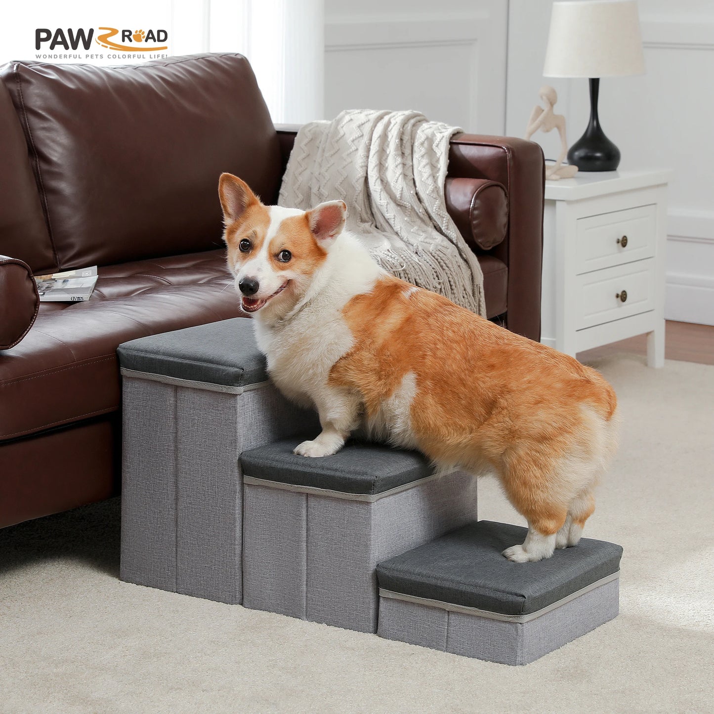 PAWZ Road 3 Tier Foldable Dog Stairs With Storage Box Adjustable Height Non Slip Indoor Pet Ramp