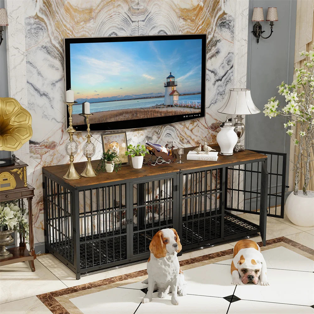 BORWAR Wooden Dog Crate End Table With 3 Doors Tray