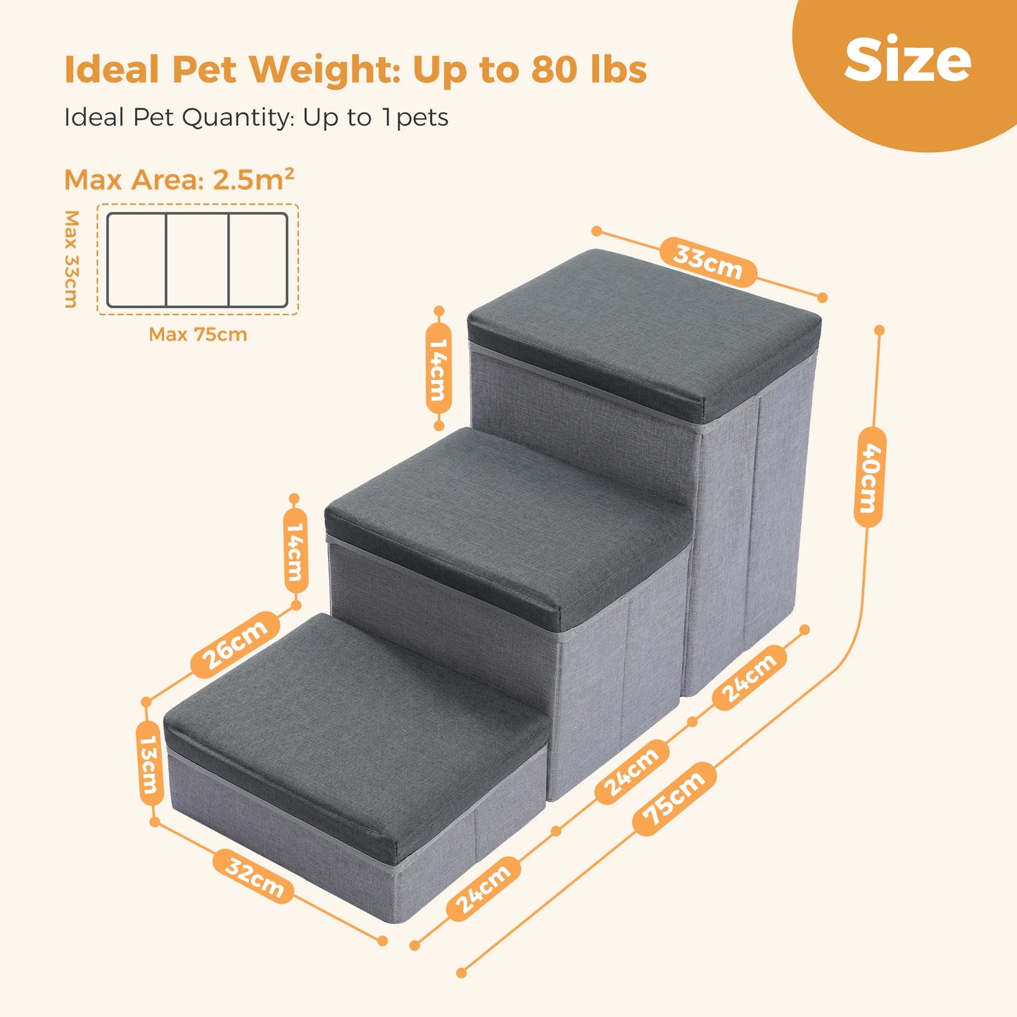 PAWZ Road 3 Tier Foldable Dog Stairs With Storage Box Adjustable Height Non Slip Indoor Pet Ramp