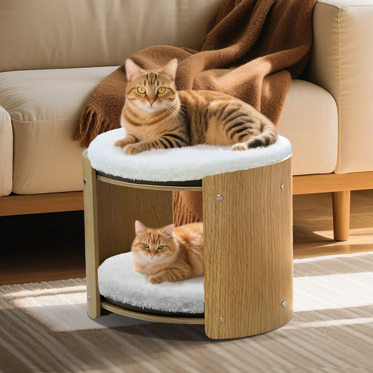 Bingopaw Elevated Cat Bed 2 Tier Bamboo Frame Plush Mat