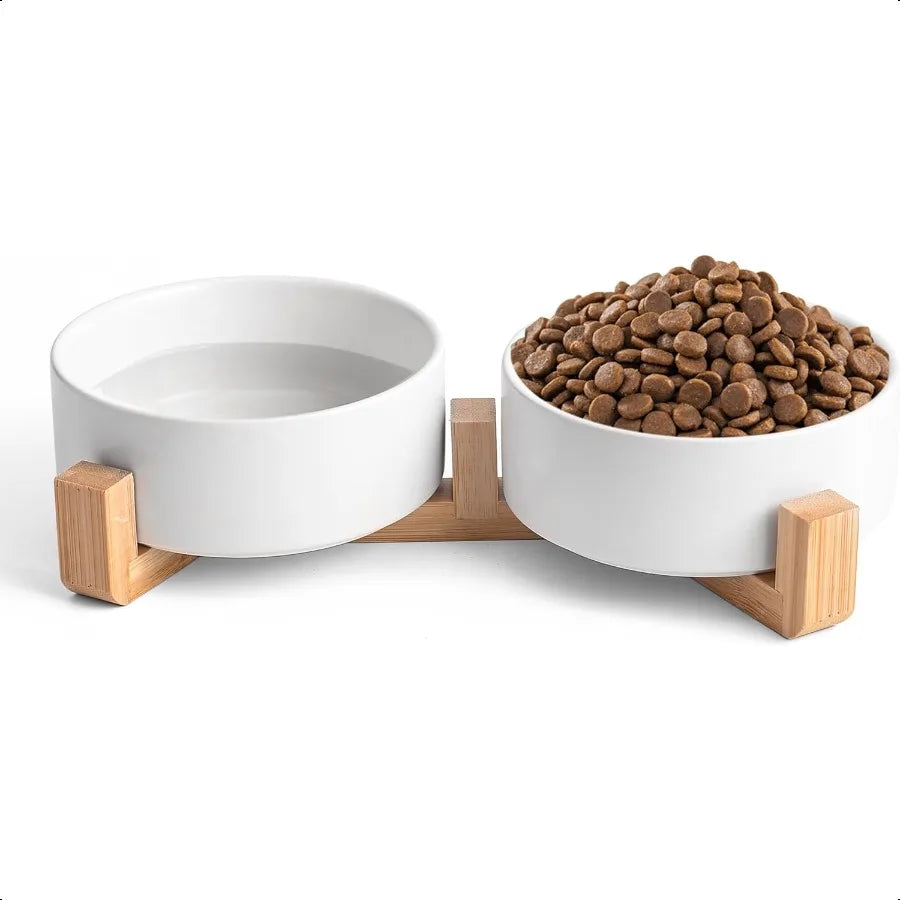 Hign-concerned Ceramic Dog Cat Bowl Set With Wooden Stand