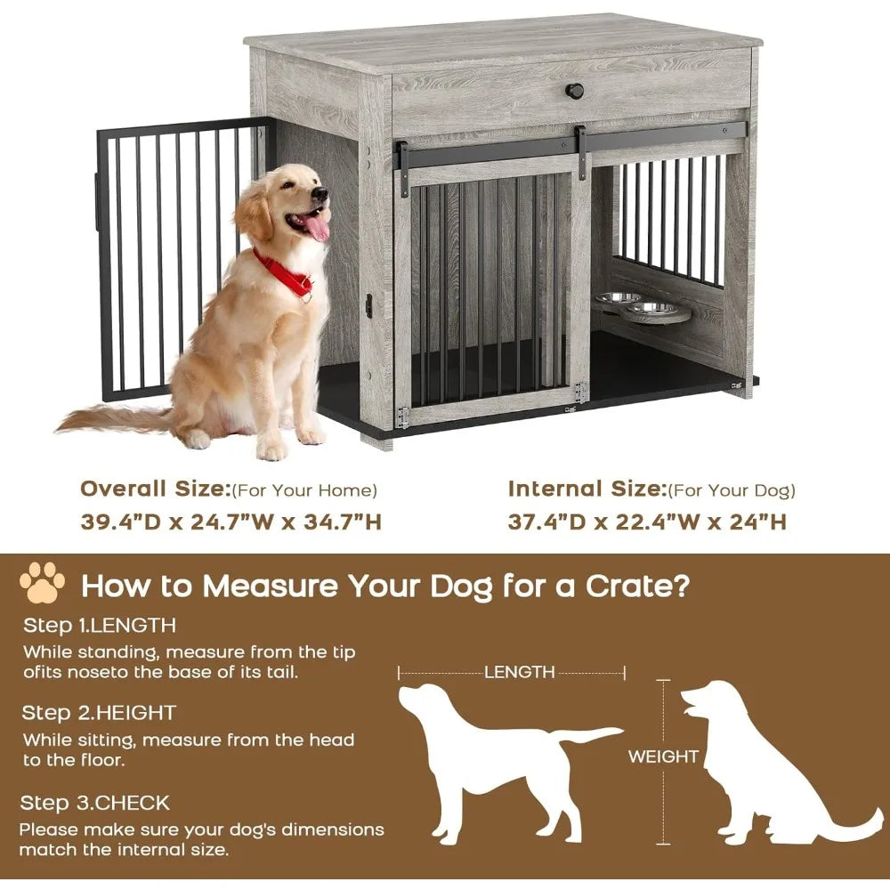 Wooden Storage Drawer Dog Crate With Sliding Door Indoor Pet House Side Table Durable Engineered Wood