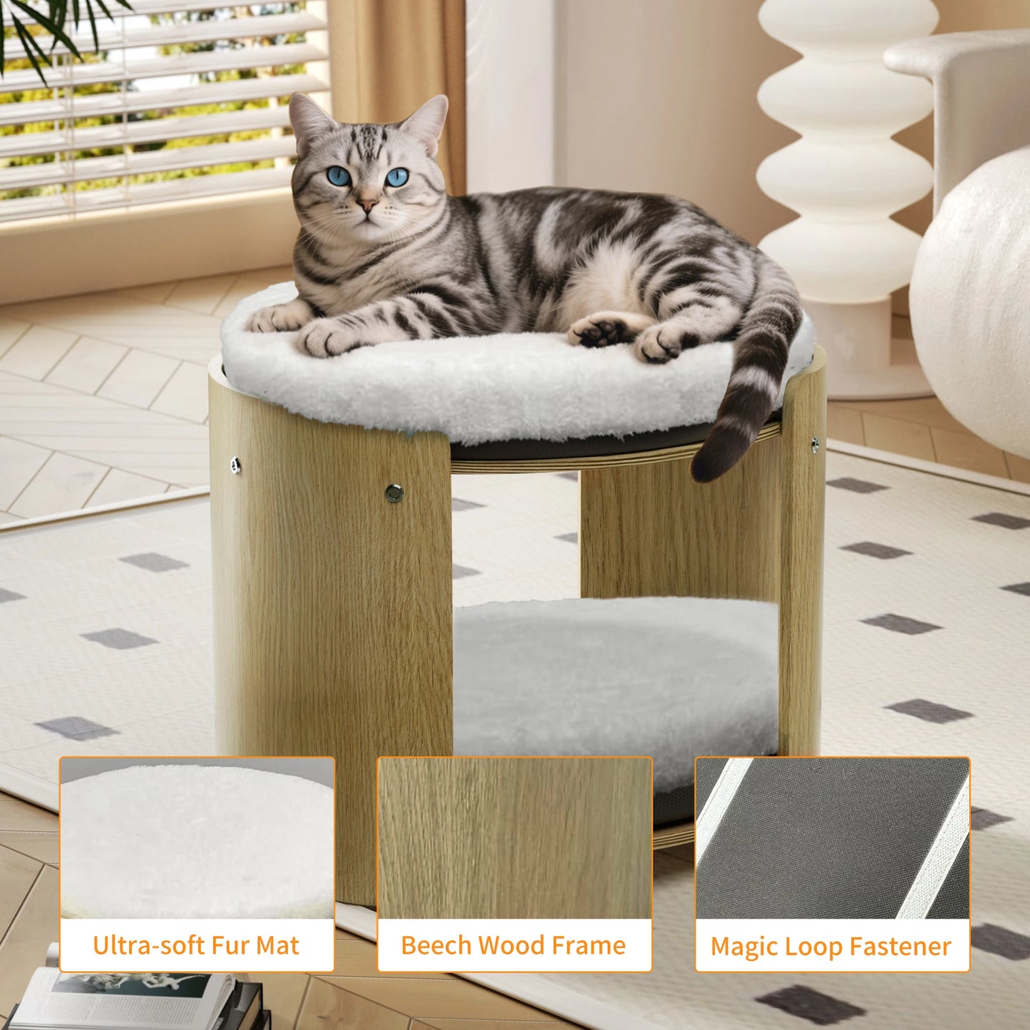 Bingopaw Elevated Cat Bed 2 Tier Bamboo Frame Plush Mat