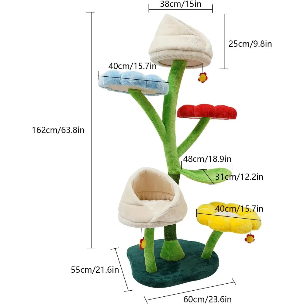 Flower Themed Six Tier Cat Tower With Platforms And Scratching Post For Indoor Cats