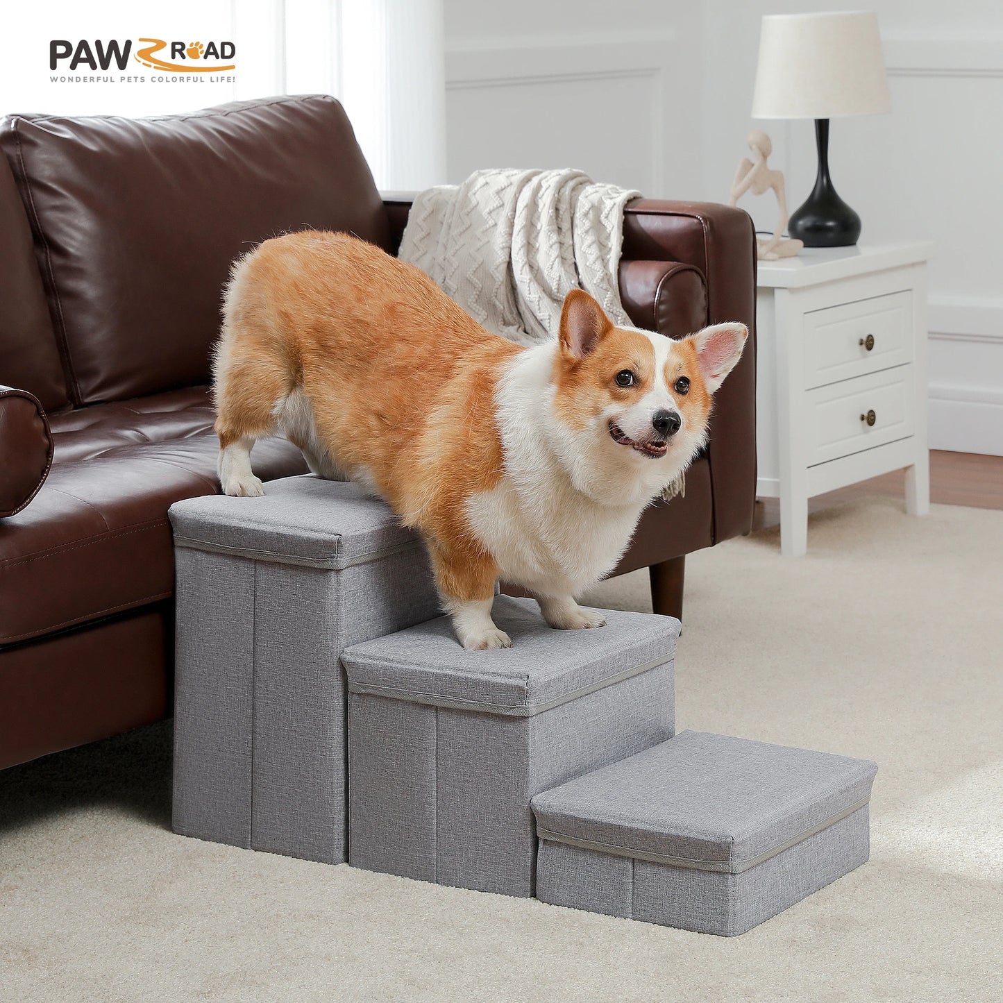 PAWZ Road 3 Tier Foldable Dog Stairs With Storage Box Adjustable Height Non Slip Indoor Pet Ramp