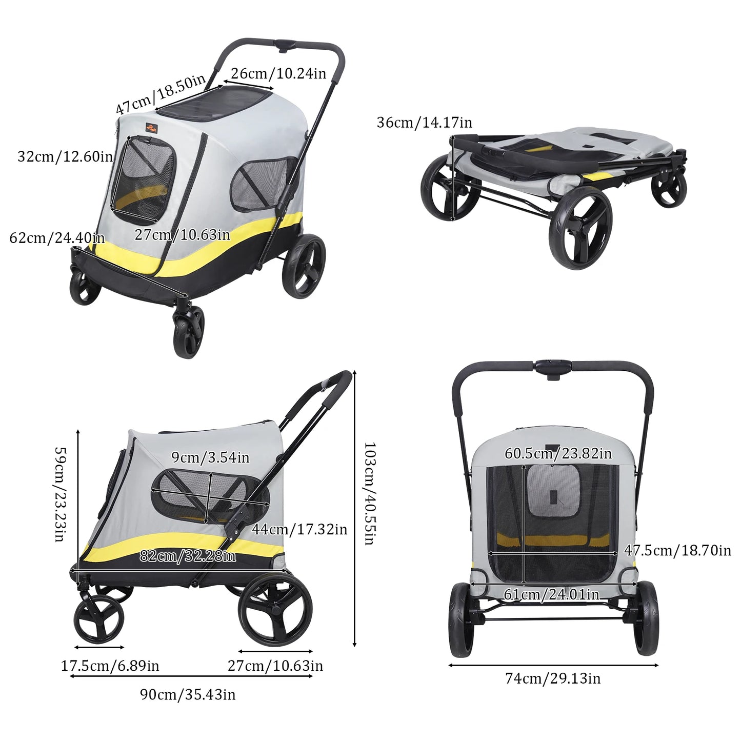 One Click Foldable Dog Stroller Buggy Four Wheel Rain Cover