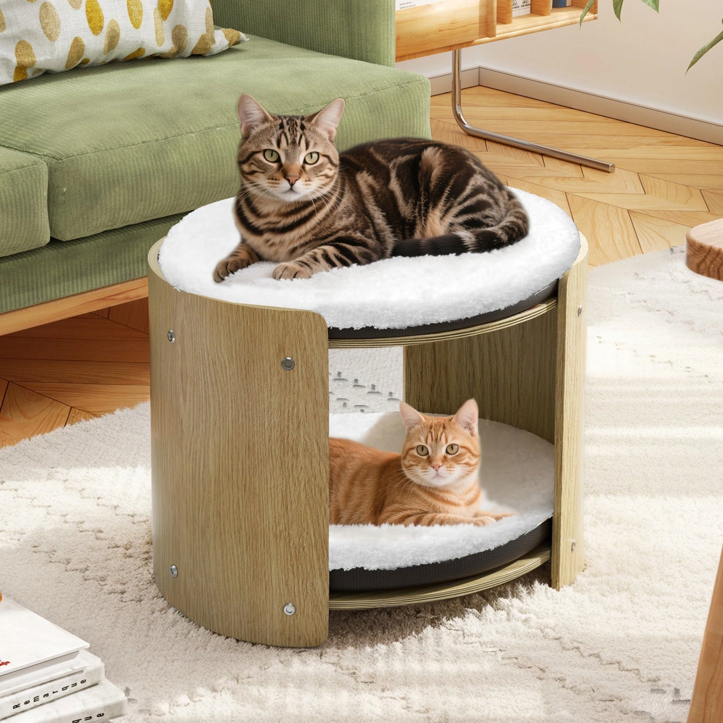 Bingopaw Elevated Cat Bed 2 Tier Bamboo Frame Plush Mat