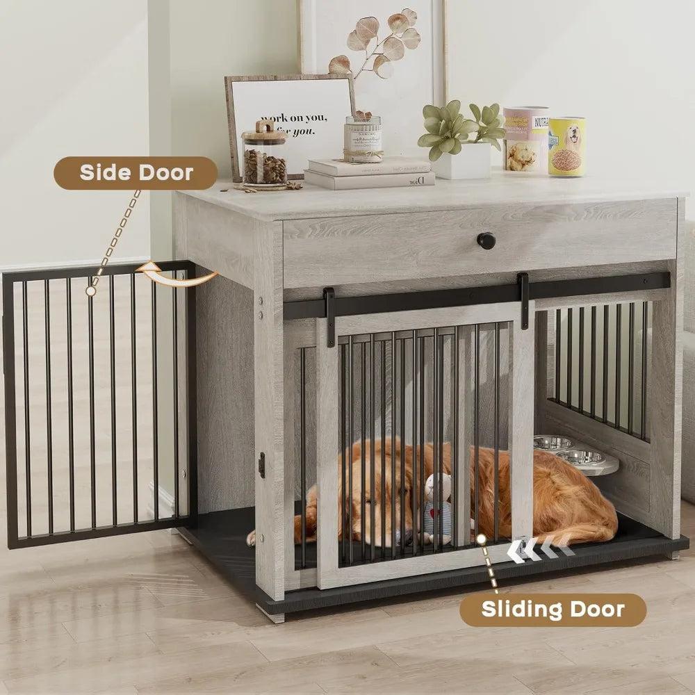 Wooden Storage Drawer Dog Crate With Sliding Door Indoor Pet House Side Table Durable Engineered Wood