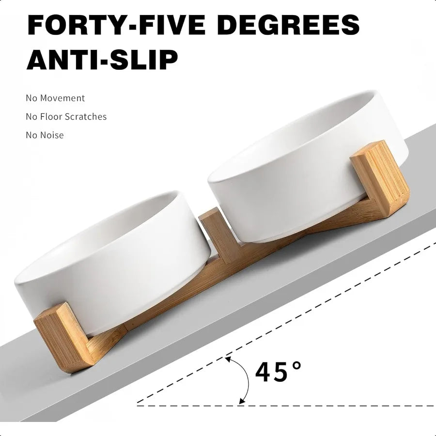 Hign-concerned Ceramic Dog Cat Bowl Set With Wooden Stand