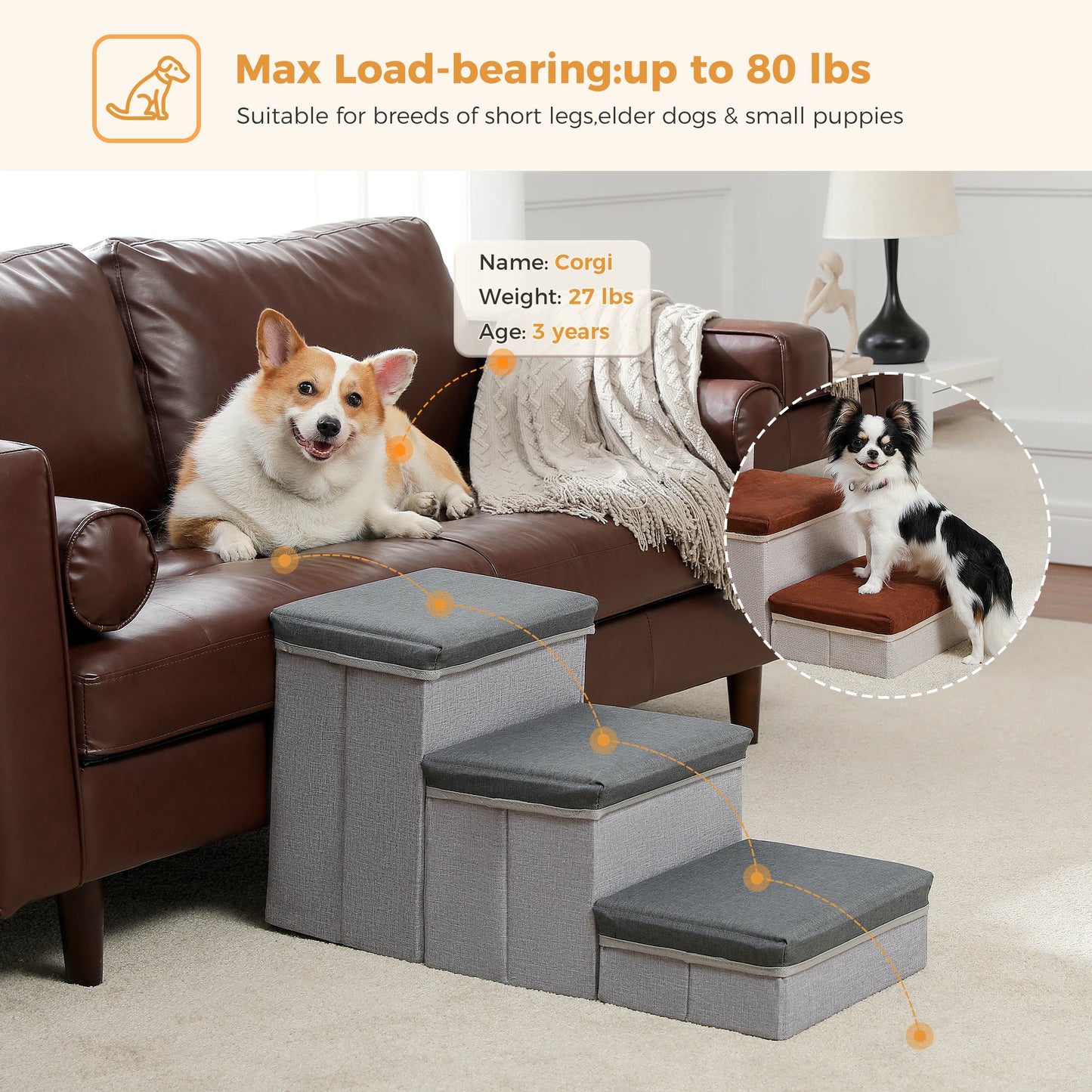 PAWZ Road 3 Tier Foldable Dog Stairs With Storage Box Adjustable Height Non Slip Indoor Pet Ramp