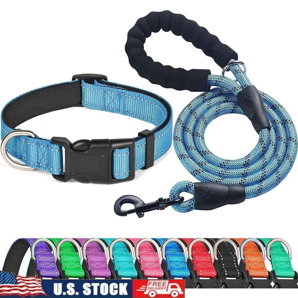 Ladoogo Reflective Padded Adjustable Dog Collar Nylon Leash