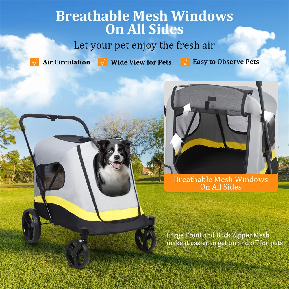 One Click Foldable Dog Stroller Buggy Four Wheel Rain Cover