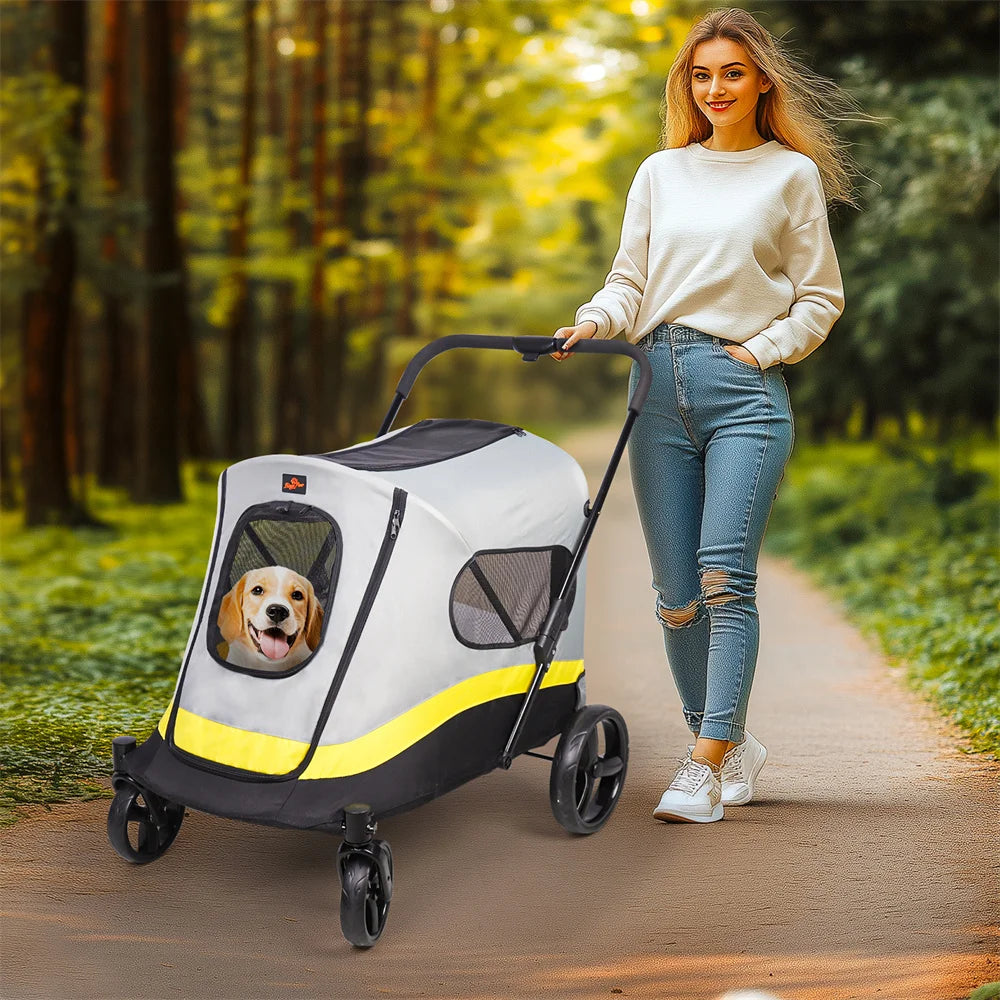 One Click Foldable Dog Stroller Buggy Four Wheel Rain Cover