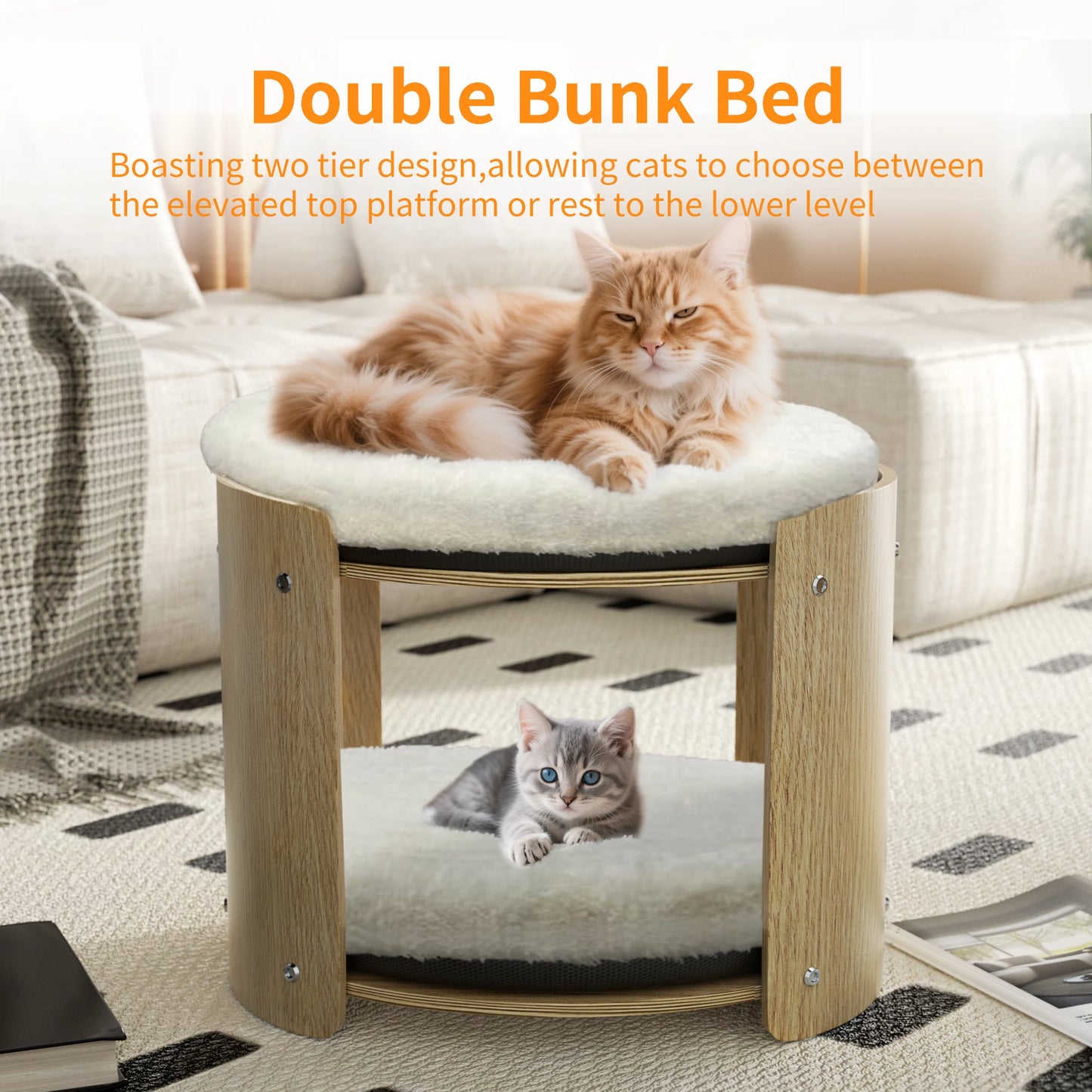 Bingopaw Elevated Cat Bed 2 Tier Bamboo Frame Plush Mat