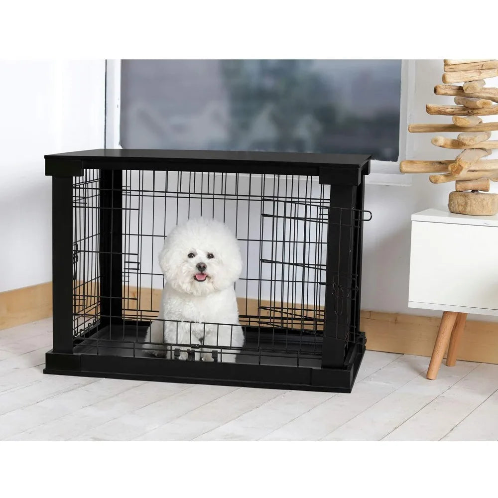 Merry Products 2 Door Decorative Pet Kennel with Wooden Protection Cover, Divider Insert, and Removable Tray End or Side Table,
