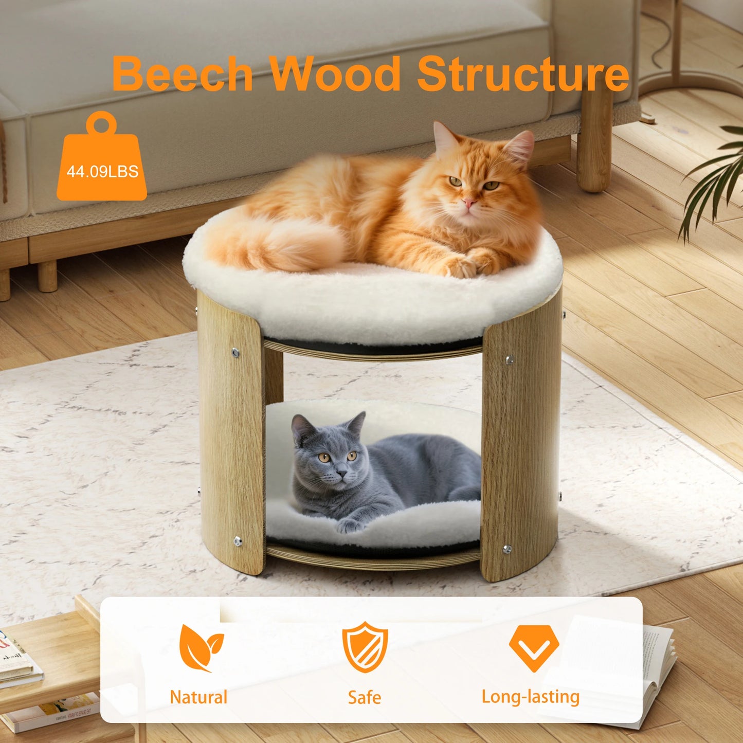 Bingopaw Elevated Cat Bed 2 Tier Bamboo Frame Plush Mat