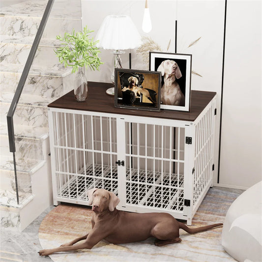 BORWAR Wooden Dog Crate End Table With 3 Doors Tray