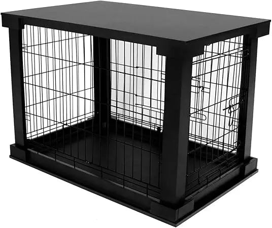 Merry Products 2 Door Decorative Pet Kennel with Wooden Protection Cover, Divider Insert, and Removable Tray End or Side Table,