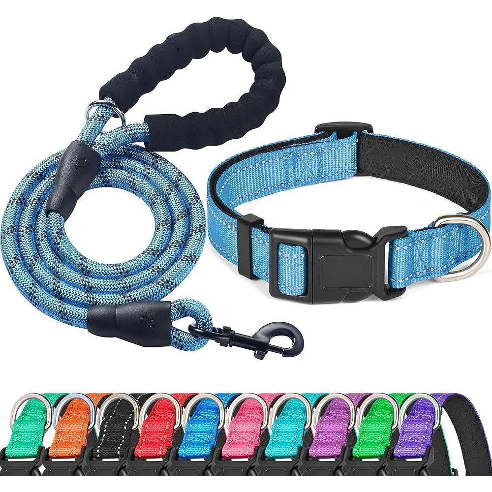 Ladoogo Reflective Padded Adjustable Dog Collar Nylon Leash