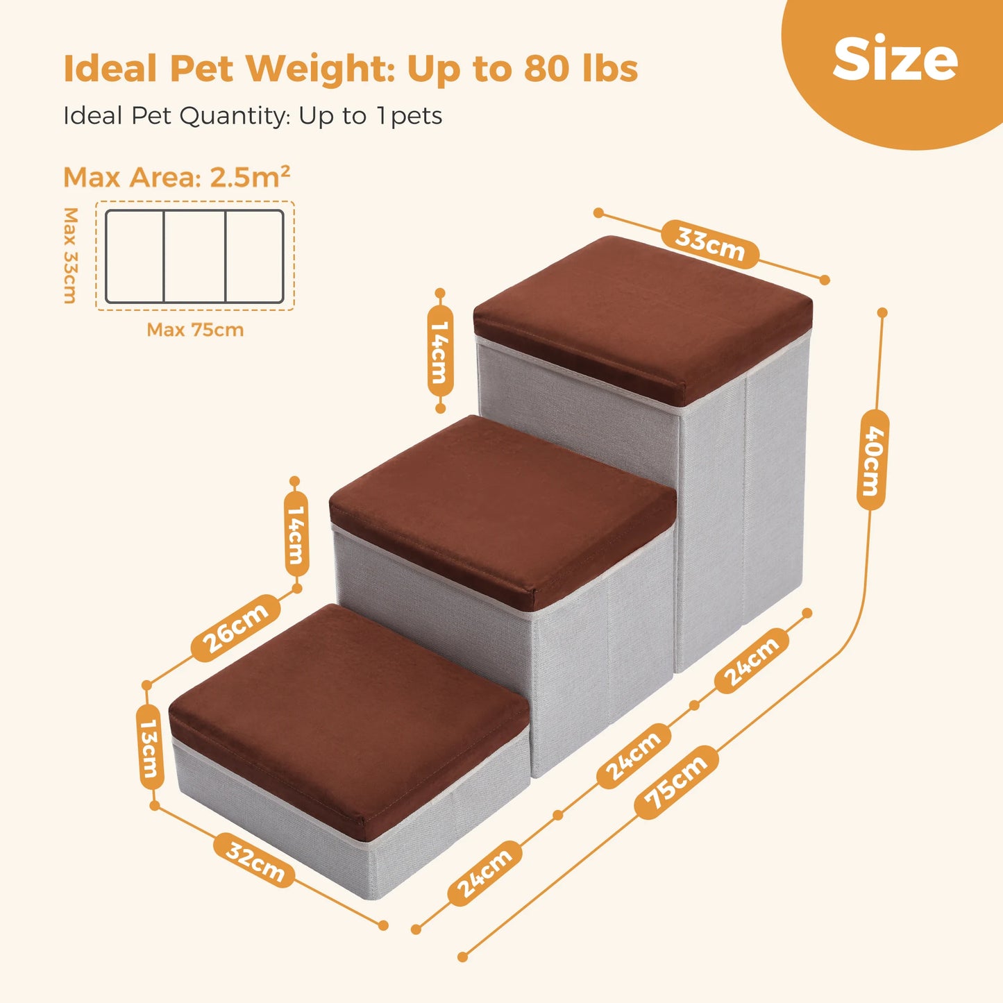 PAWZ Road 3 Tier Foldable Dog Stairs With Storage Box Adjustable Height Non Slip Indoor Pet Ramp
